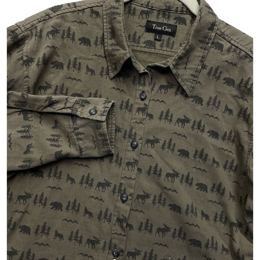 TRUE GRIT- Wild Side- Brown-SOFT-Button Down-Women's Large Bear Moose Coyote USA